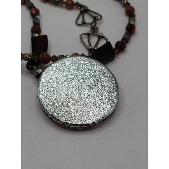 Fused Glass Art Pendant Necklace Goldstone Beaded Boho Statement 19 In - Picture 11 of 13